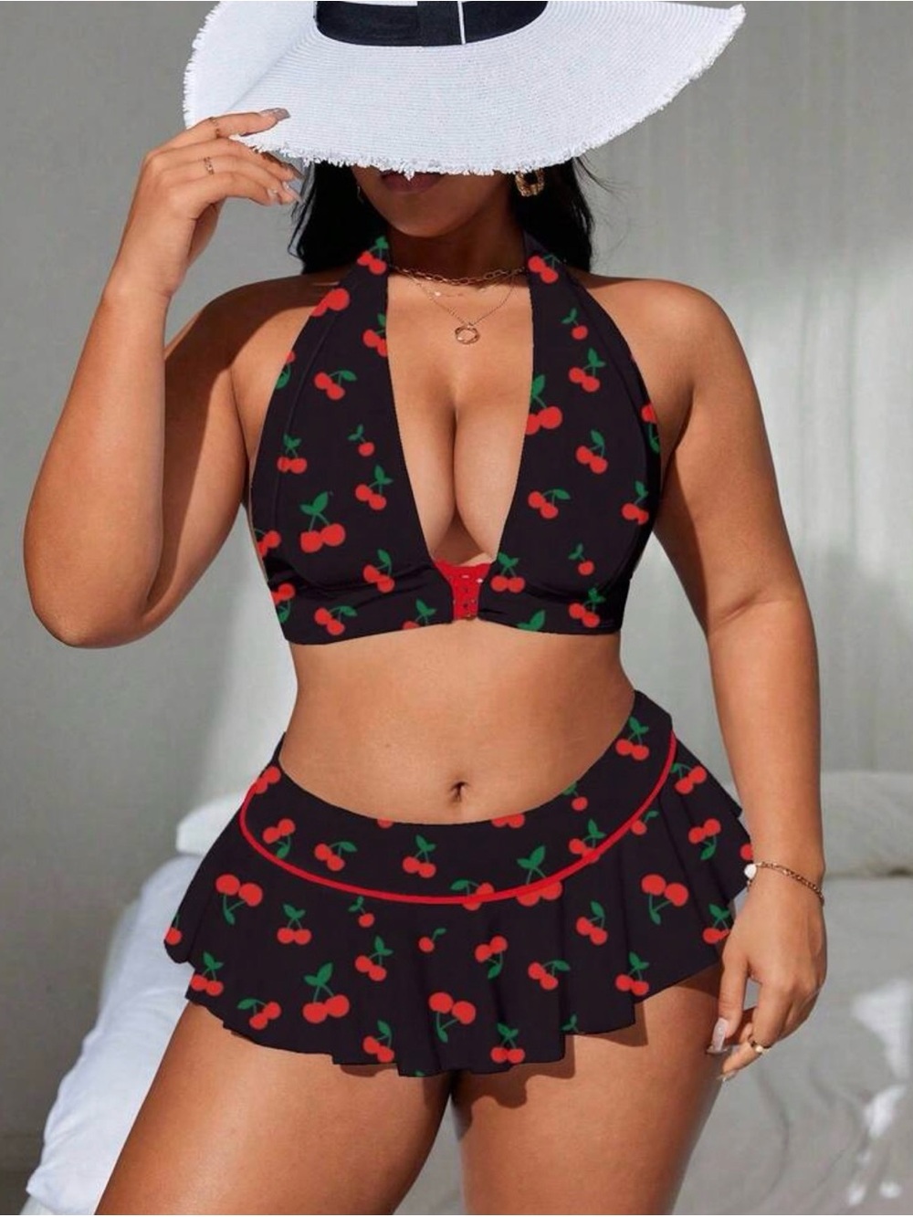 SHEIN Black Cherry Print Halter Skirted Bikini Set
